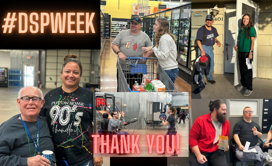 collage of photos featuring staff members smiling while they provide supports and services to individuals with disabilities.