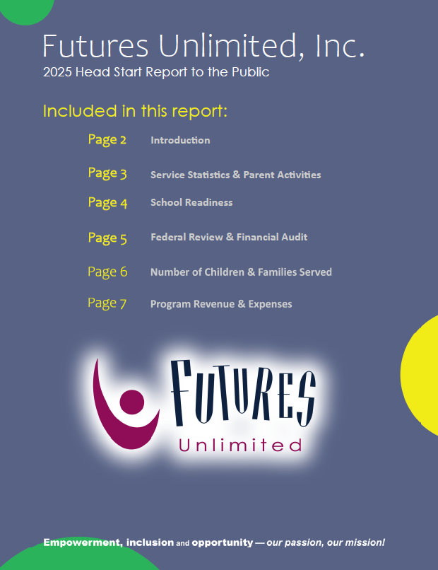 thumbnail photo showing what annual report looks like, shows table of contents and Futures logo