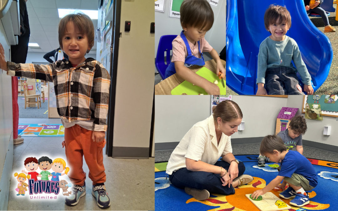 Collage of photos showing child holding open a door, sliding down a slide, using scissors and putting together a puzzel with his teaching assistant looking on