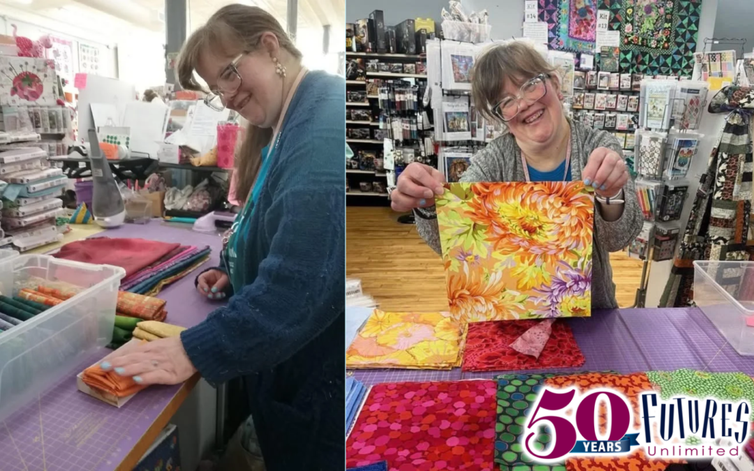 woman displays squares of fabric at her job in a quilt shop
